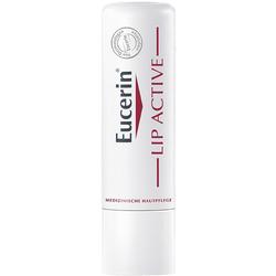 Ein Lippenpflegestift mit der Aufschrift "Lip Active" steht aufrecht.