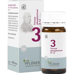 Glasflasche mit homöopathischen Tabletten und weißer Schachtel mit Aufschrift "Ferrum phosphoricum D 12".