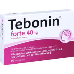 Packung von Tebonin forte 40 mg mit pflanzlichem Wirkstoff für das Gehirn.
