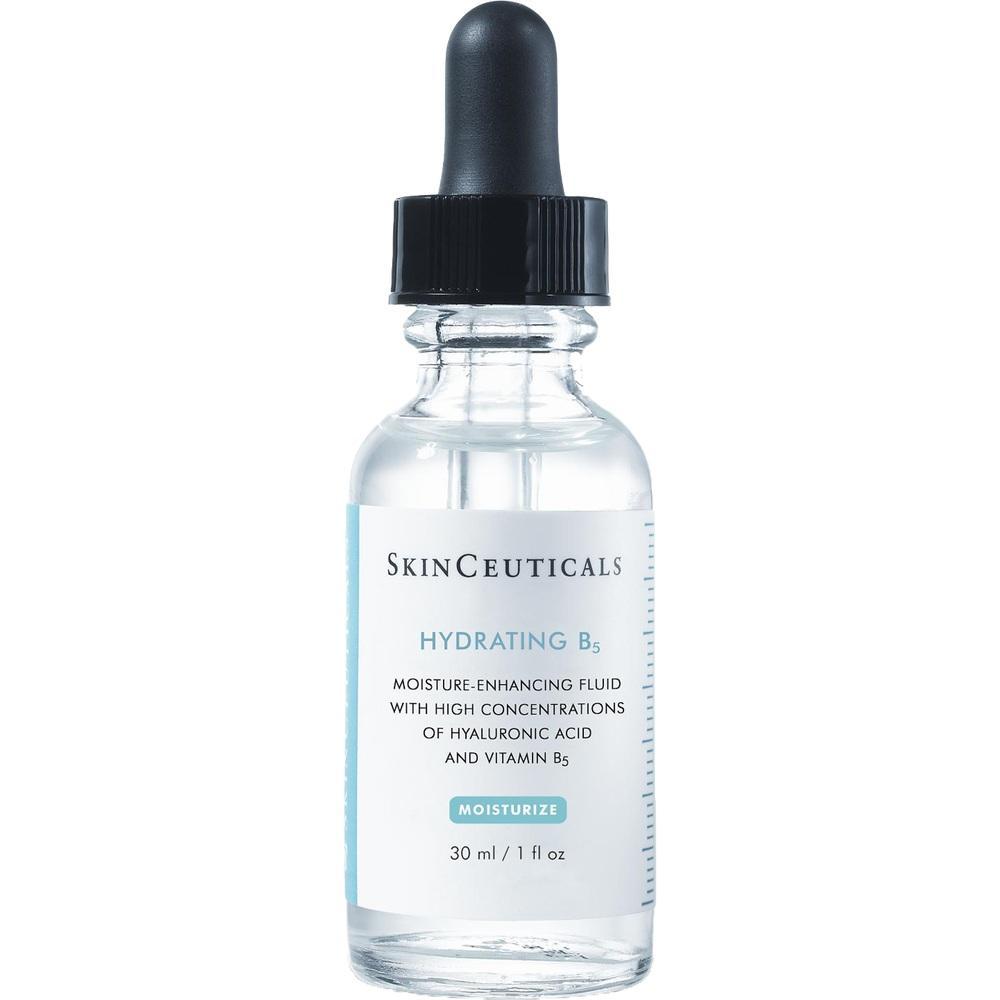 Durchsichtige Flasche mit Pipette und blauem Etikett, darauf steht "Hydrating B5".