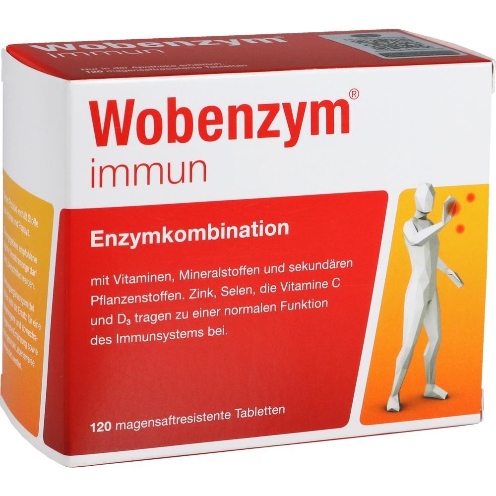 Eine Packung "Wobenzym immun" Tabletten mit weißer und roter Beschriftung.
