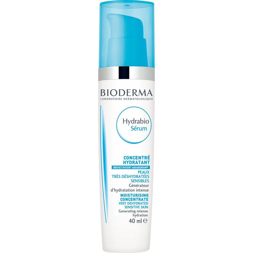 Eine weiße Flasche Bioderma Hydrabio Serum mit blauem Deckel.