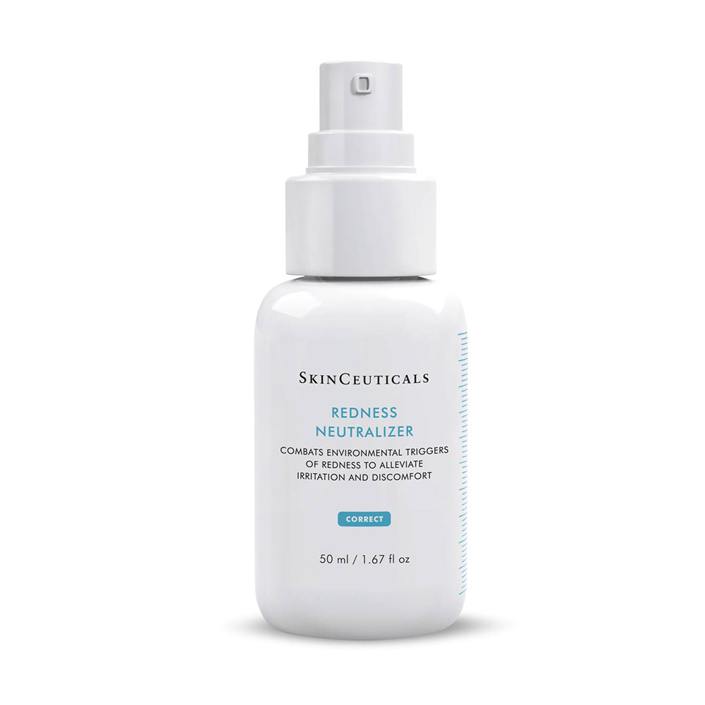 Weiße Flasche mit Sprühkopf und Aufschrift "Redness Neutralizer".