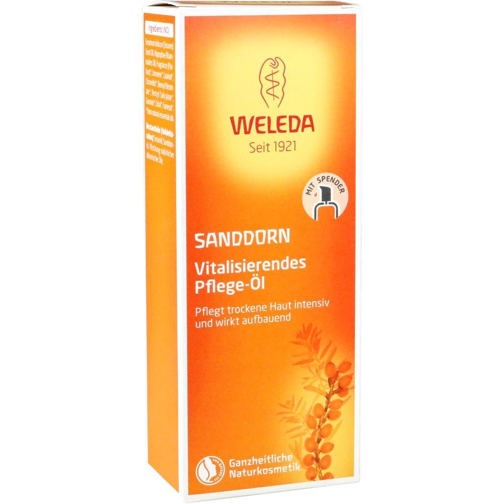 Orangefarbene Verpackung eines Sanddorn Pflege-Öls von Weleda.