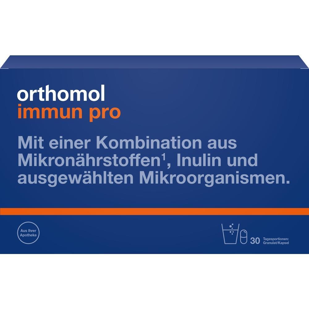 Blaues Paket von Orthomol Immun Pro mit Mikronährstoffen und Inulin.