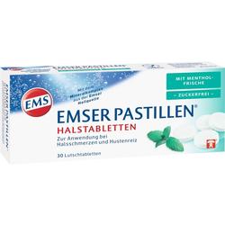 Verpackung von Emser Pastillen Halstabletten gegen Halsschmerzen, mit Menthol-Geschmack, zuckerfrei.
