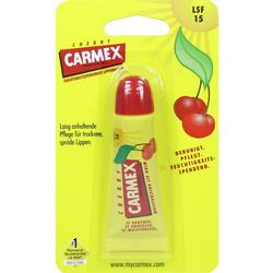 Eine Tube Carmex Lippenbalsam mit Kirschgeschmack auf gelber Verpackung.