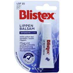 Eine Tube Lippenbalsam auf einer blau-weißen Verpackung.