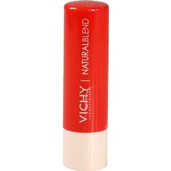 Ein roter Lippenpflegestift mit weißem Verschluss.