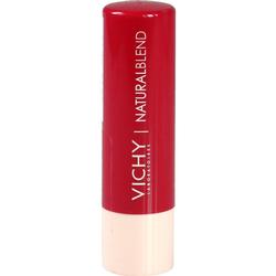 Roter Lippenpflegestift mit weißem Deckel.
