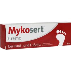 Eine rote Box von Mykosert Creme gegen Haut- und Fußpilz.